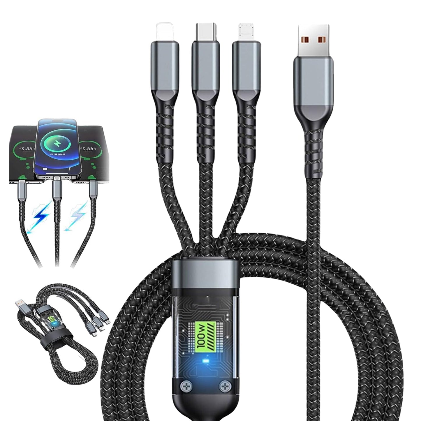 3-in-1 Super Fast Charging Cable 100W – Multifunctional Nylon Braided Cable with 3 Silicone & Zinc Alloy Heads
