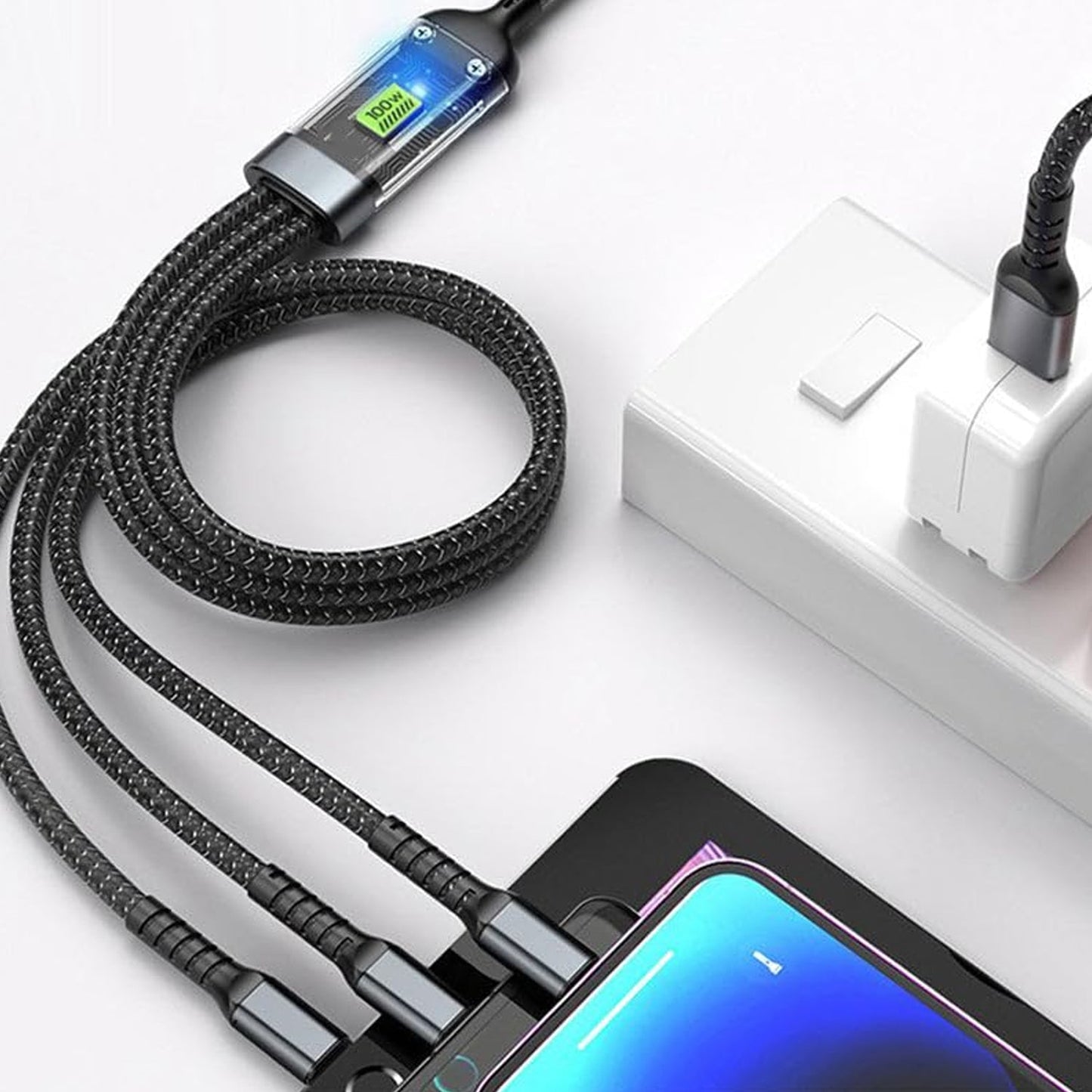 3-in-1 Super Fast Charging Cable 100W – Multifunctional Nylon Braided Cable with 3 Silicone & Zinc Alloy Heads