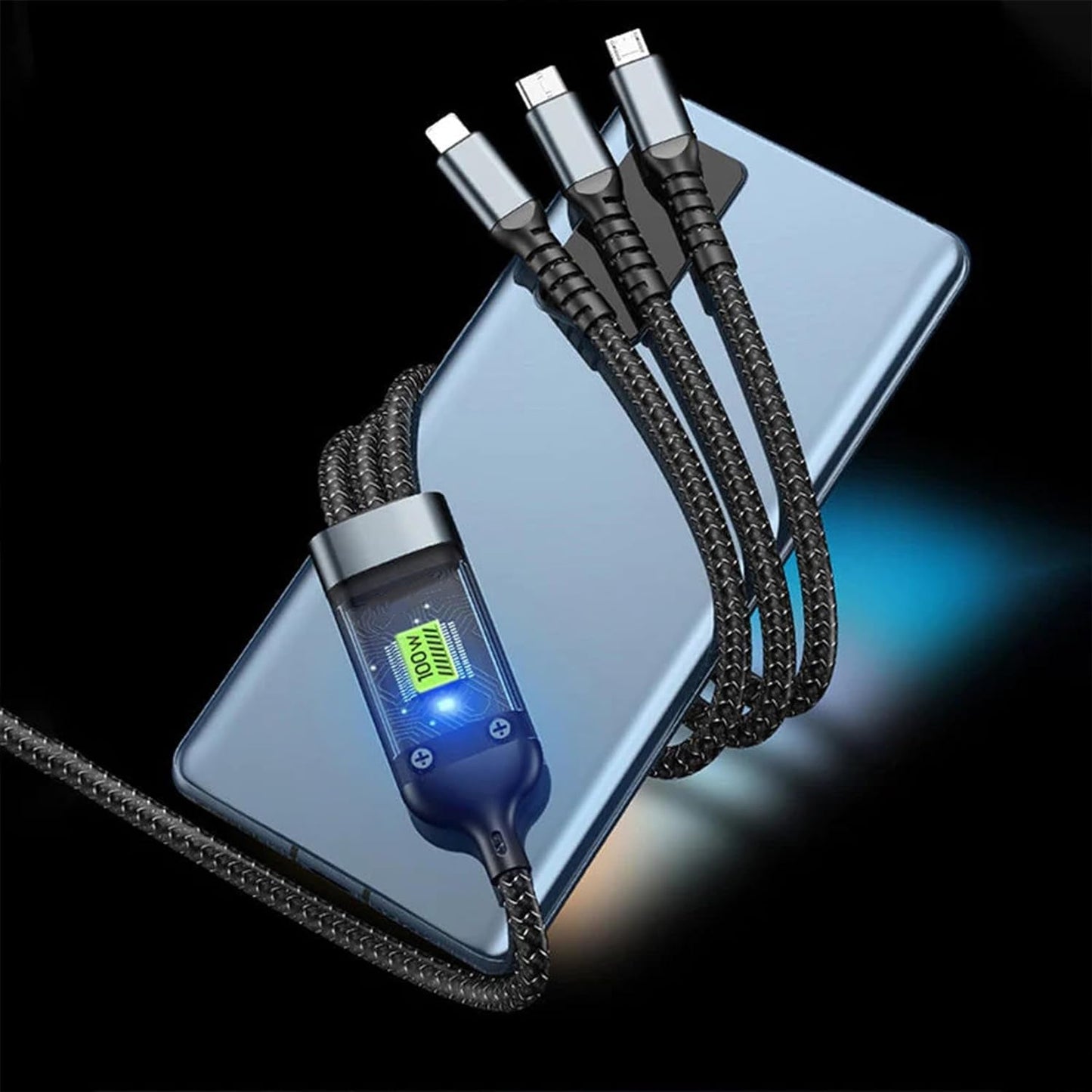 3-in-1 Super Fast Charging Cable 100W – Multifunctional Nylon Braided Cable with 3 Silicone & Zinc Alloy Heads