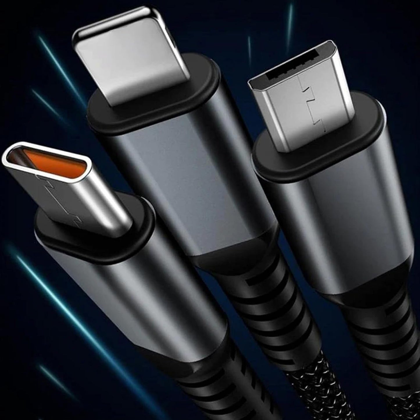 3-in-1 Super Fast Charging Cable 100W – Multifunctional Nylon Braided Cable with 3 Silicone & Zinc Alloy Heads
