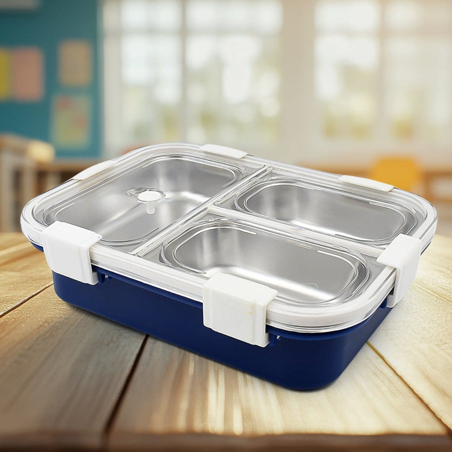 3-Compartment Transparent Stainless Steel Lunch Box – Insulated Tiffin for Kids, School & Office (Multi-Color)