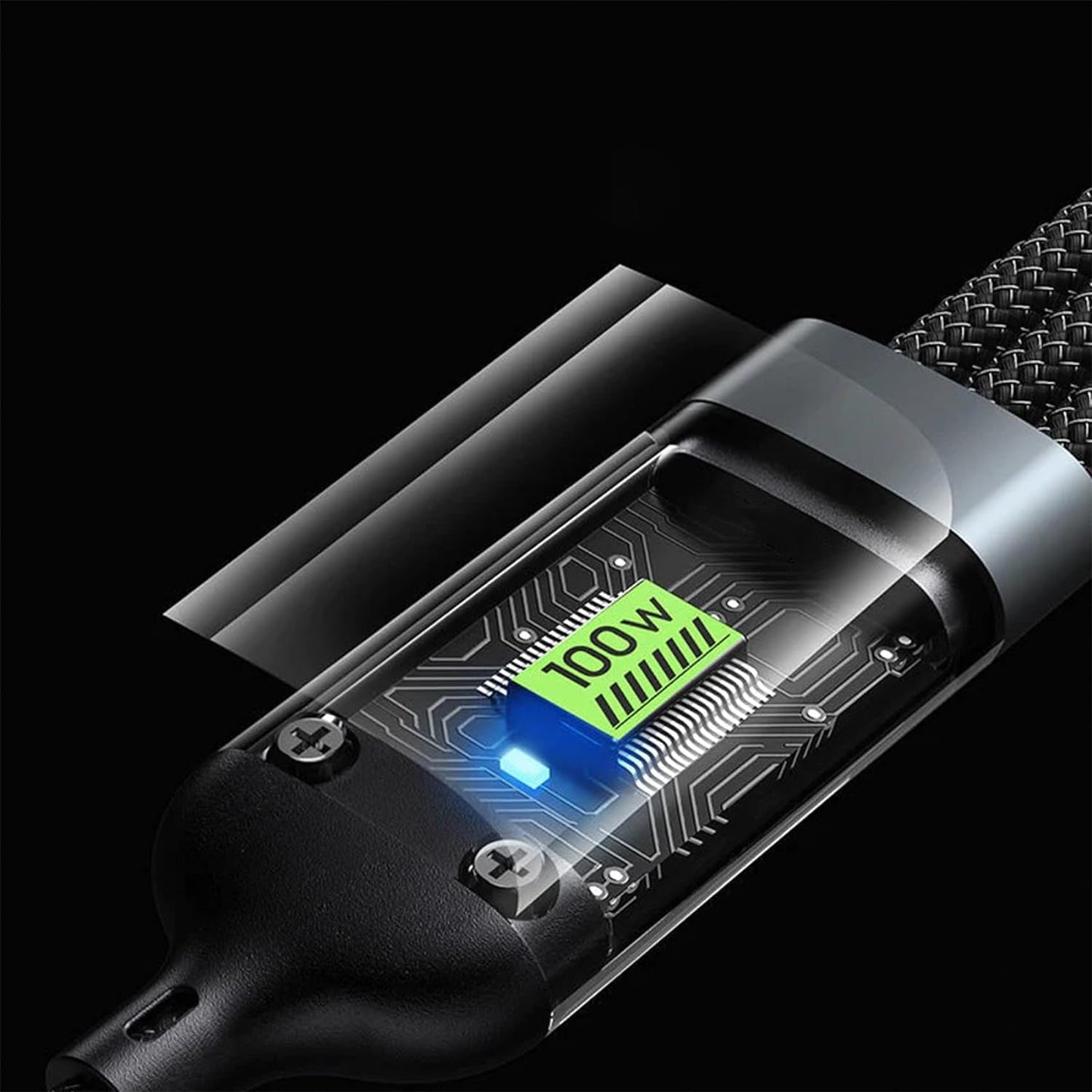 3-in-1 Super Fast Charging Cable 100W – Multifunctional Nylon Braided Cable with 3 Silicone & Zinc Alloy Heads