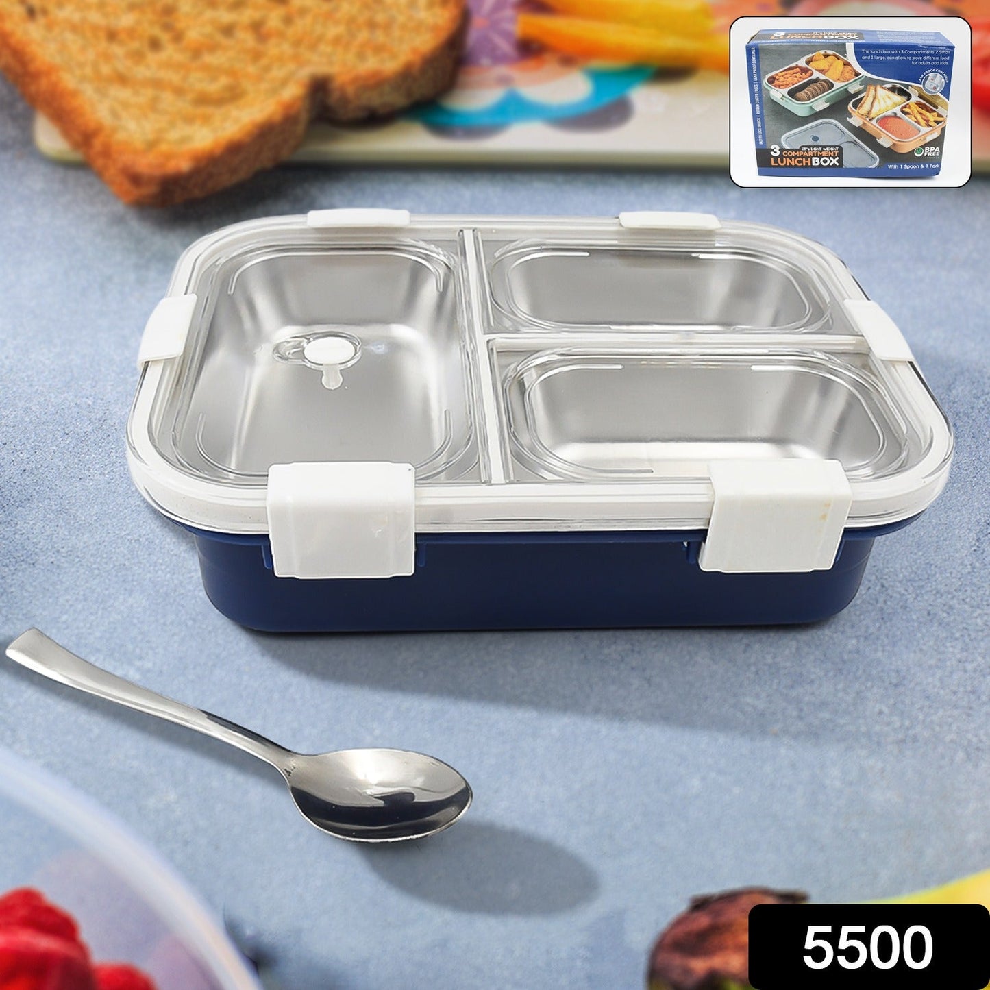 3-Compartment Transparent Stainless Steel Lunch Box – Insulated Tiffin for Kids, School & Office (Multi-Color)
