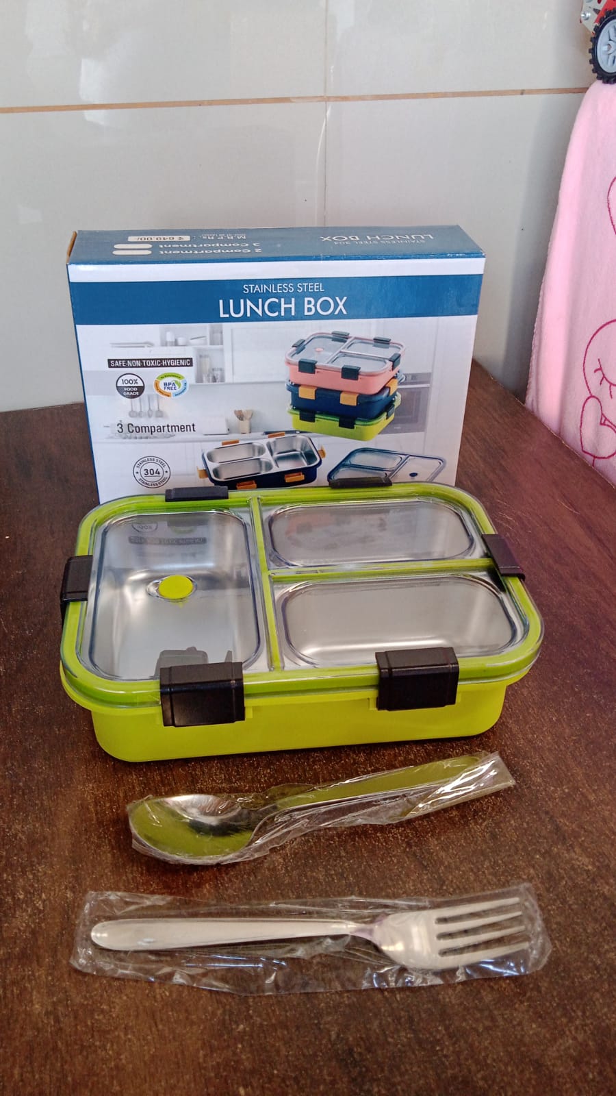 3-Compartment Transparent Stainless Steel Lunch Box – Insulated Tiffin for Kids, School & Office (Multi-Color)