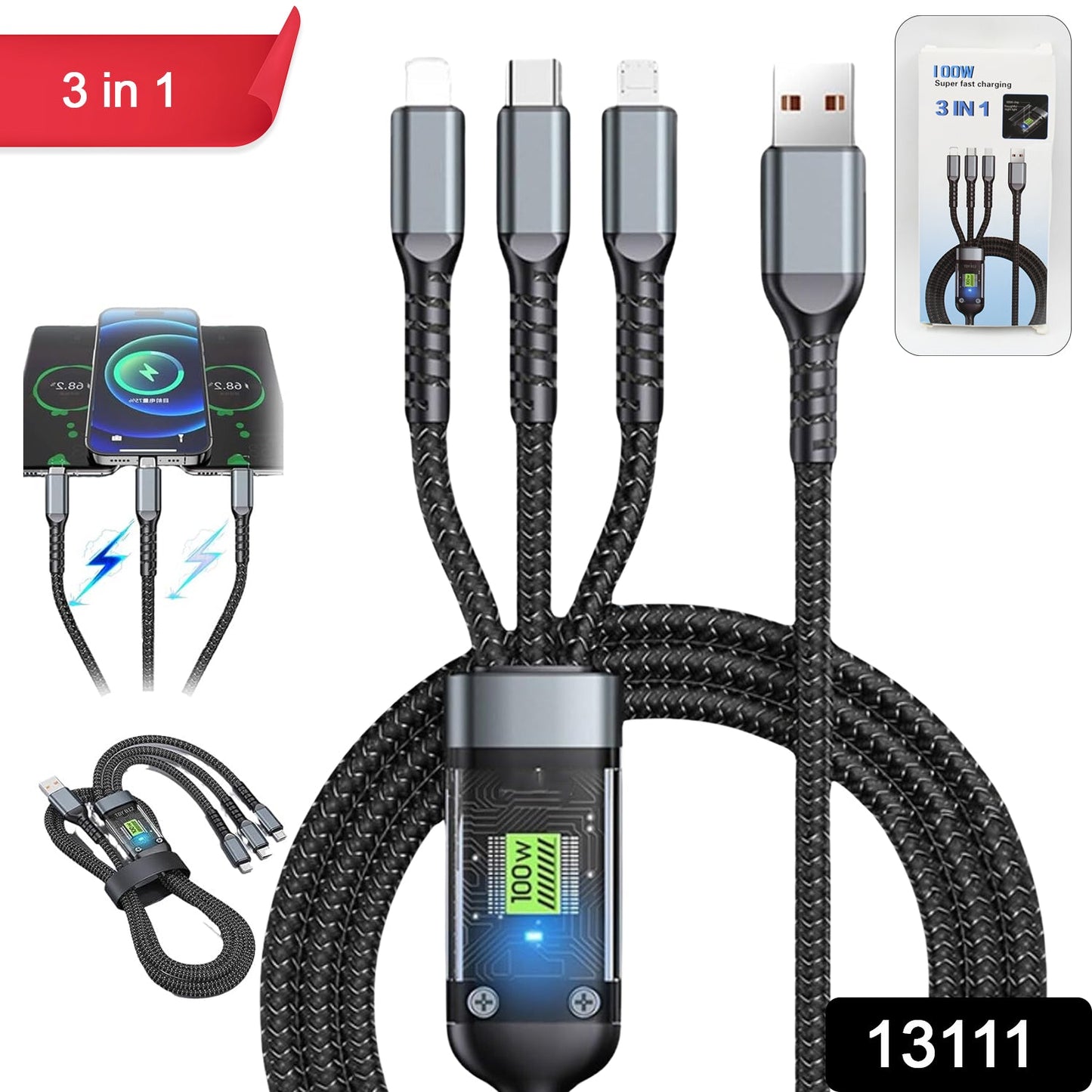 3-in-1 Super Fast Charging Cable 100W – Multifunctional Nylon Braided Cable with 3 Silicone & Zinc Alloy Heads