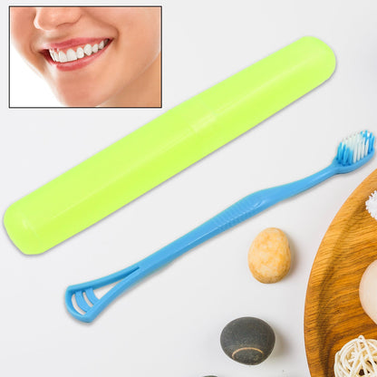 2-in-1 Soft Toothbrush & Tongue Cleaner with Cover – Scraper for Men, Women & Kids, Plastic Holder/Case (1 Pc)