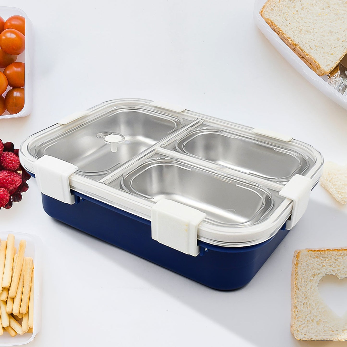 3-Compartment Transparent Stainless Steel Lunch Box – Insulated Tiffin for Kids, School & Office (Multi-Color)