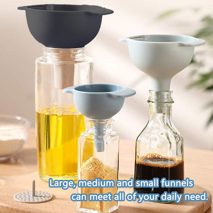 3-in-1 Kitchen Funnel Set – Food-Grade Plastic Funnels with Detachable Strainer for Liquids, Dry & Powder Ingredients