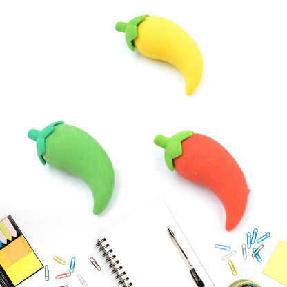 3D Colorful Chili Shape Erasers – Mini Creative Novelty Eraser Set for Kids, School, Birthday Party & Return Gifts (3 Pc)