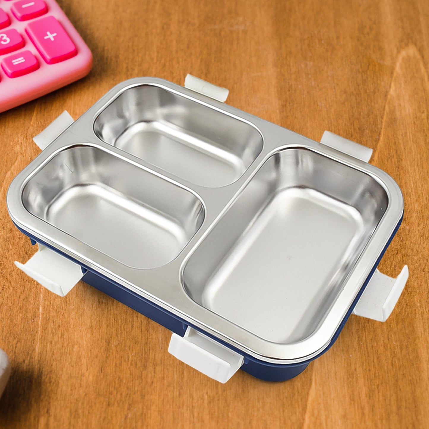 3-Compartment Transparent Stainless Steel Lunch Box – Insulated Tiffin for Kids, School & Office (Multi-Color)