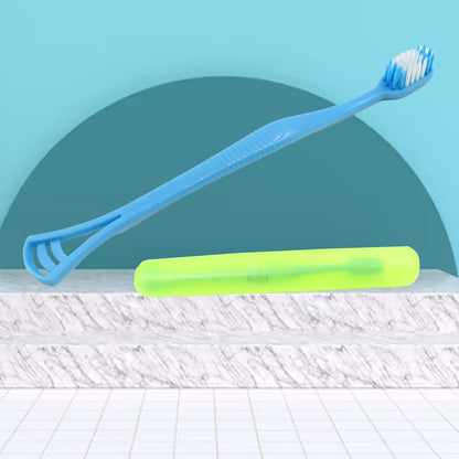 2-in-1 Soft Toothbrush & Tongue Cleaner with Cover – Scraper for Men, Women & Kids, Plastic Holder/Case (1 Pc)
