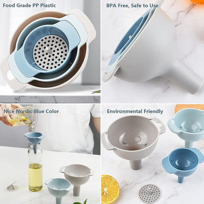 3-in-1 Kitchen Funnel Set – Food-Grade Plastic Funnels with Detachable Strainer for Liquids, Dry & Powder Ingredients