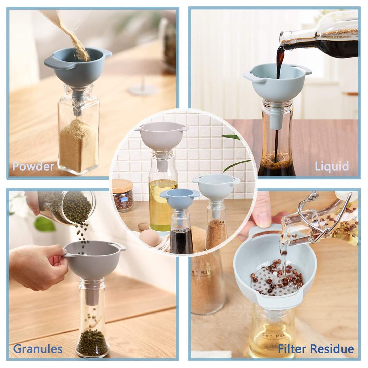 3-in-1 Kitchen Funnel Set – Food-Grade Plastic Funnels with Detachable Strainer for Liquids, Dry & Powder Ingredients