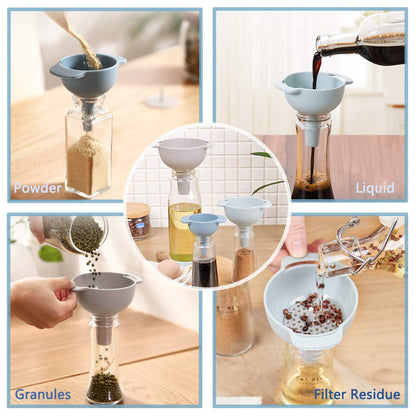 3-in-1 Kitchen Funnel Set – Food-Grade Plastic Funnels with Detachable Strainer for Liquids, Dry & Powder Ingredients