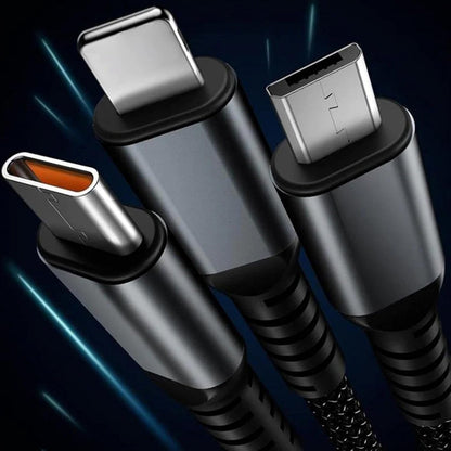 3-in-1 Super Fast Charging Cable 100W – Multifunctional Nylon Braided Cable with 3 Silicone & Zinc Alloy Heads
