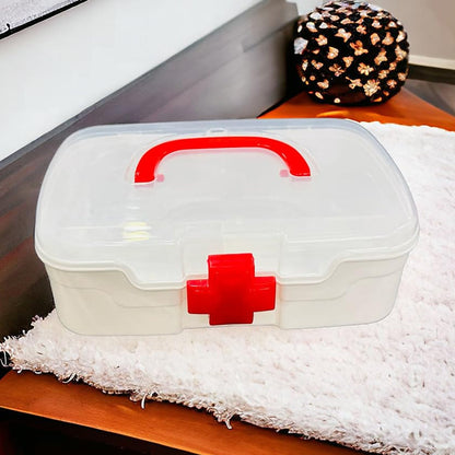 3-Compartment Medical Storage Box – Multi-Purpose First Aid & Medicine Organizer with Handle, Transparent Lid (1 Pc)