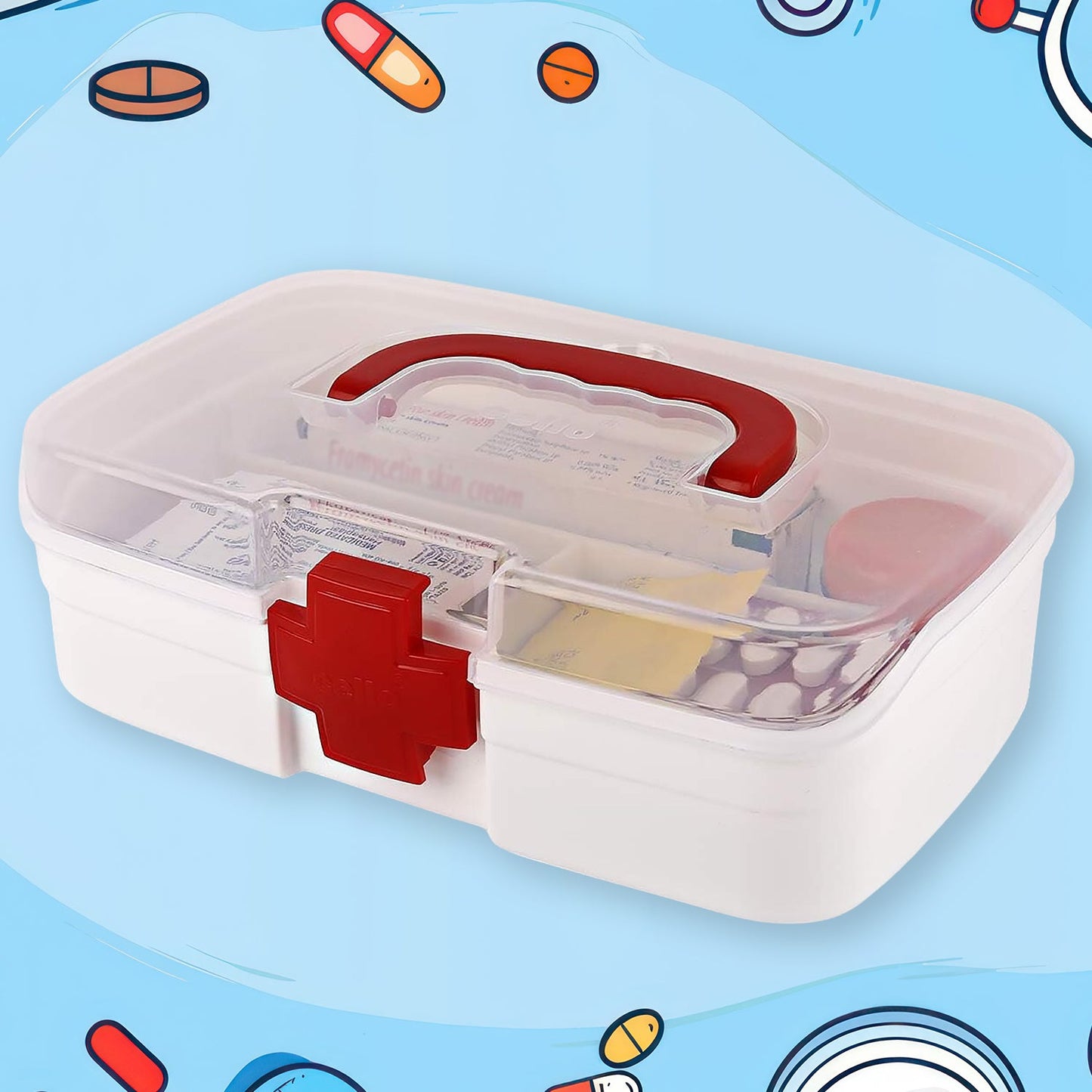 3-Compartment Medical Storage Box – Multi-Purpose First Aid & Medicine Organizer with Handle, Transparent Lid (1 Pc)