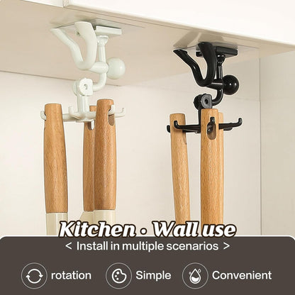 360° Rotating 6-Claw Kitchen Utensil Holder – Non-Punching Sticky Hook for Wall, Door, Bathroom (White, 1 Pc)