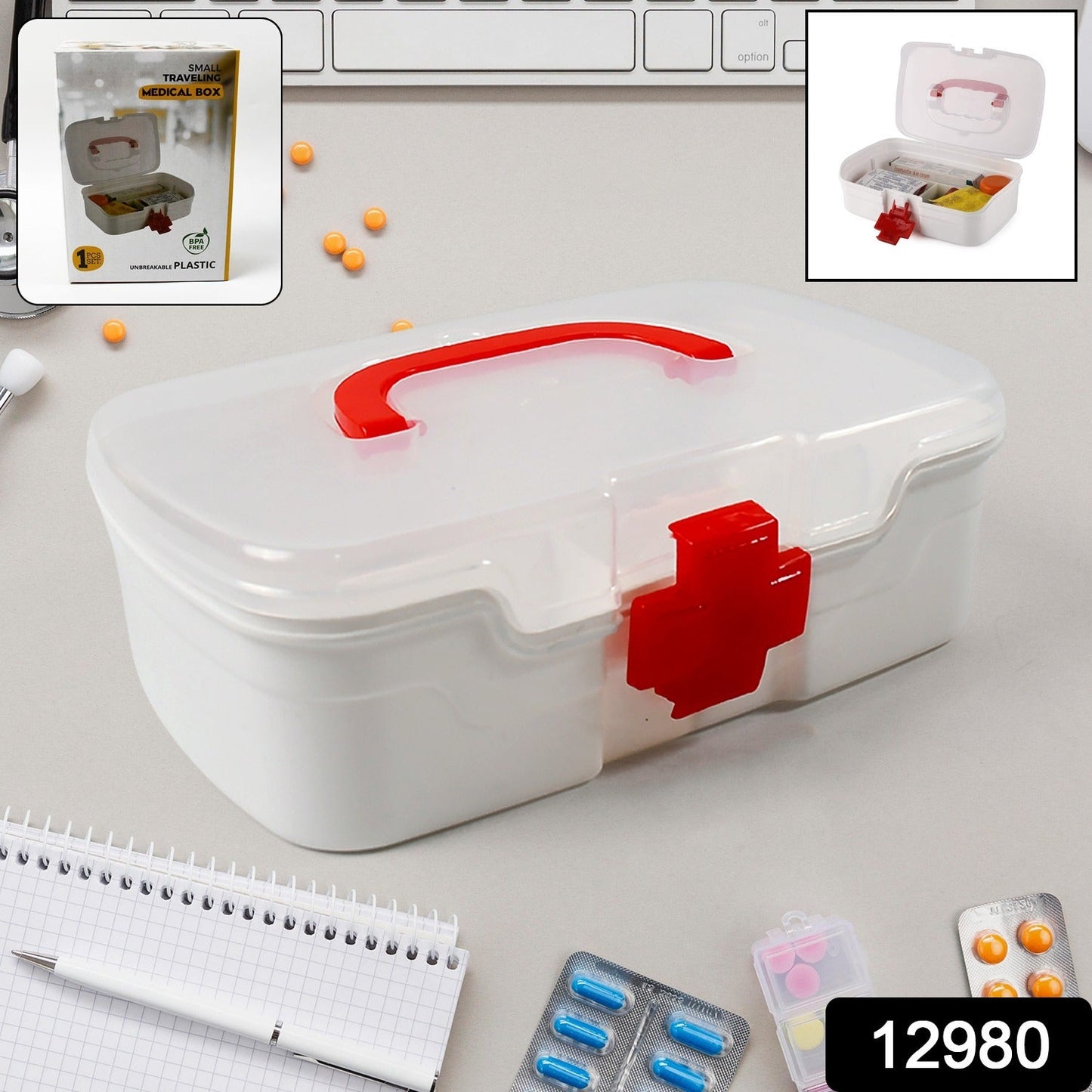 3-Compartment Medical Storage Box – Multi-Purpose First Aid & Medicine Organizer with Handle, Transparent Lid (1 Pc)