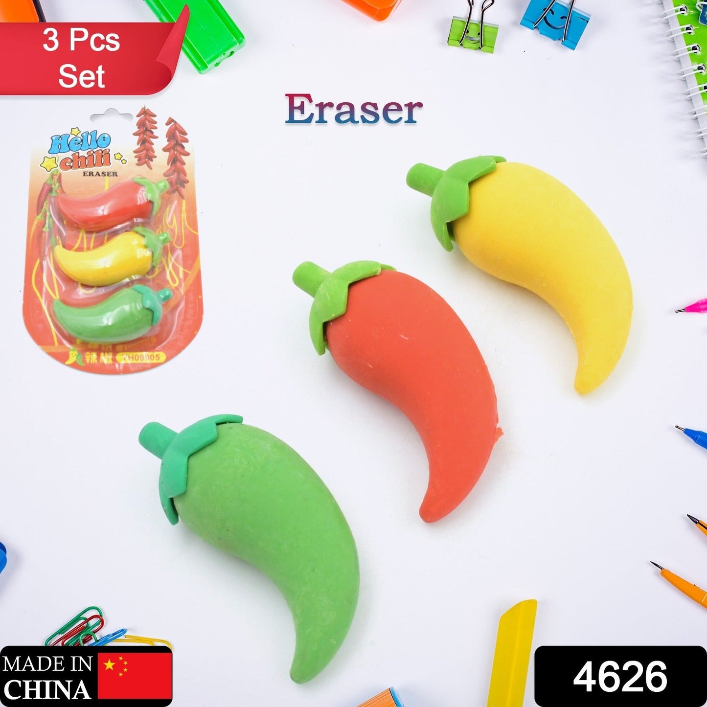 3D Colorful Chili Shape Erasers – Mini Creative Novelty Eraser Set for Kids, School, Birthday Party & Return Gifts (3 Pc)
