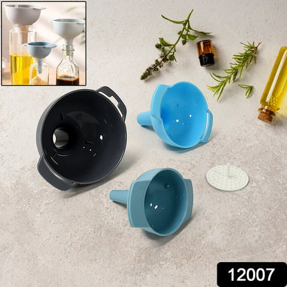 3-in-1 Kitchen Funnel Set – Food-Grade Plastic Funnels with Detachable Strainer for Liquids, Dry & Powder Ingredients